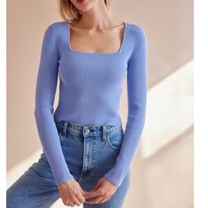 Open Edit Luxe Sculpt Square Neck Long Sleeve Top in Blue